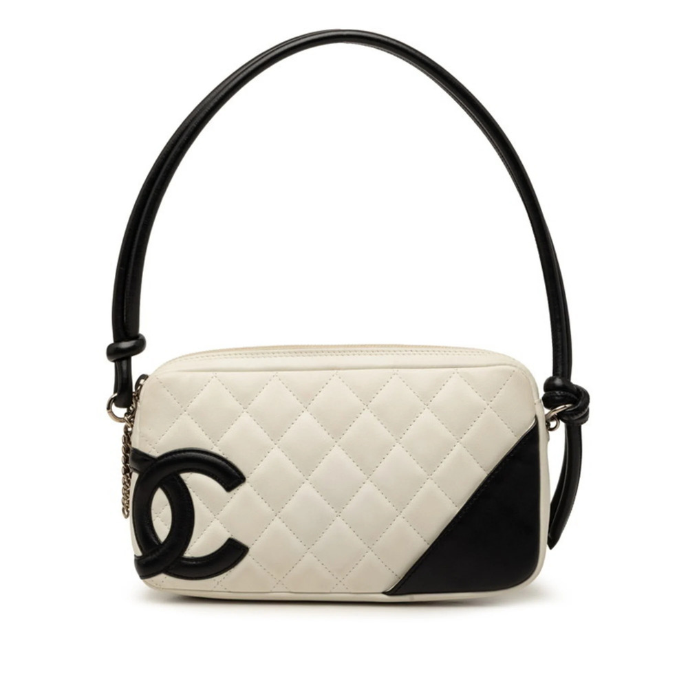 Chanel Cambon Line Coco Mark Handbag One Shoulder White Black Lambskin Women'...